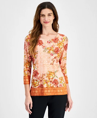 Jm Collection Women's 3/4 Sleeve Jacquard Printed Top, Created for Macy's