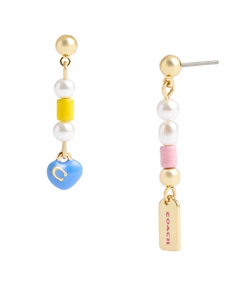 Coach Faux Pearl Signature Charm Mismatched Linear Earrings