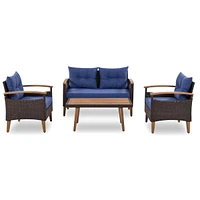 4-Piece Garden Furniture, Patio Seating Set, Pe Rattan Outdoor Sofa Set, Wood Table And Legs