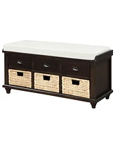 Streamdale Furniture Rustic Storage Bench With 3 Drawers And 3 Rattan Baskets, Shoe Bench For Living Room