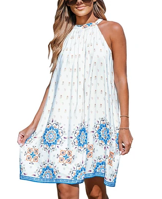 Cupshe Women's White Boho Floral High Neck Mini Beach Dress