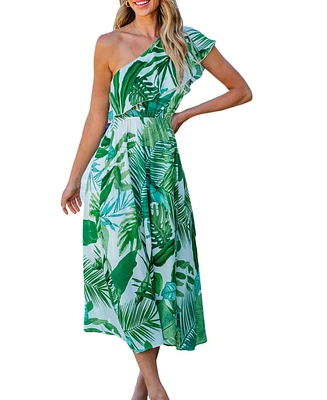 Cupshe Women's Tropical One-Shoulder Ruffle Maxi Beach Dress