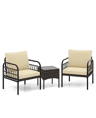 Slickblue 3 Pieces Patio Wicker Conversation Set with Cushions and Tempered Glass Coffee Table-Beige