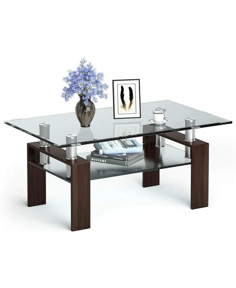 Slickblue Rectangle Glass Coffee Table with Metal Legs for Living Room