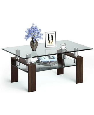 Slickblue Rectangle Glass Coffee Table with Metal Legs for Living Room