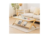 Slickblue Z-Shaped Handwoven Bamboo Coffee Table with Tempered Glass Top-Natural