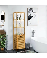 Slickblue Bamboo Tower Hamper Organizer with 3-Tier Storage Shelves-Natural