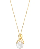 Honora Cultured Freshwater Pearl (8mm) & Diamond (1/10 ct. t.w.) Ribbon 18" Pendant Necklace in 14k Gold