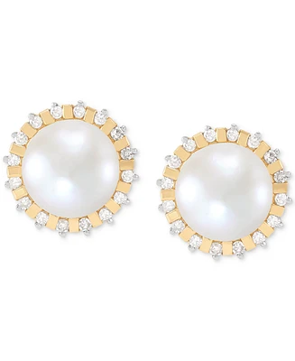 Honora Cultured Freshwater Pearl (7mm) & Diamond (1/6 ct. t.w.) Halo Stud Earrings in 14k Gold