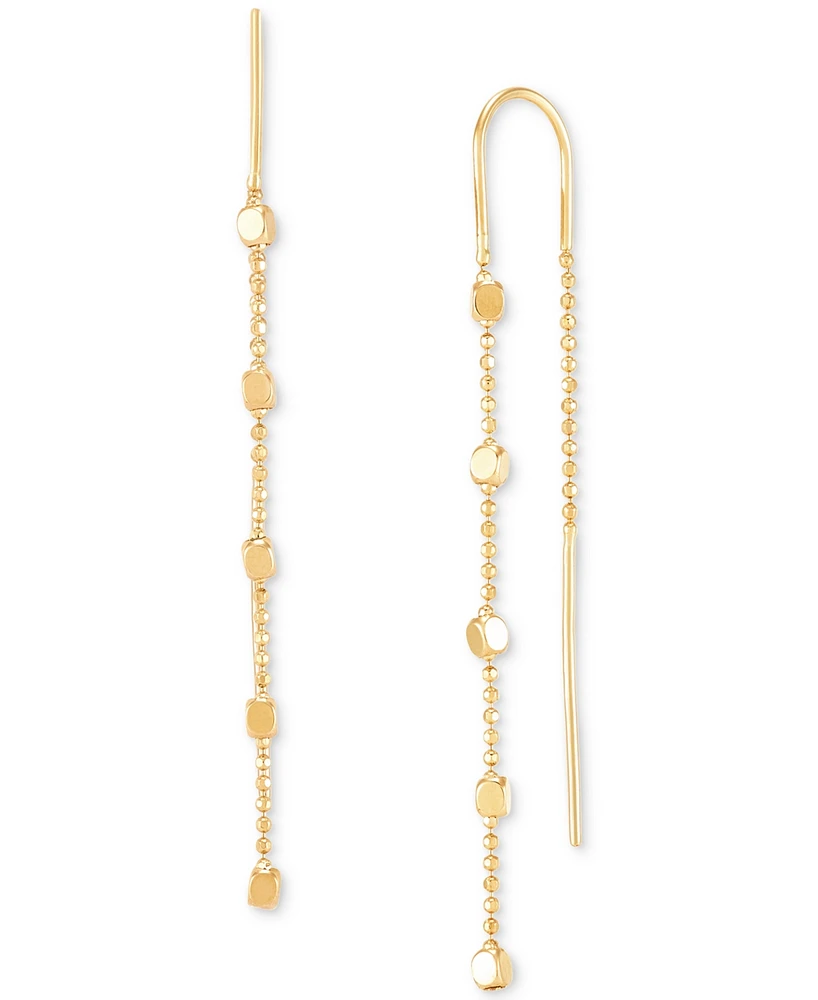 Polished Cube & Beaded Chain Long Threader Earrings in 10k Gold