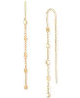 Polished Cube & Beaded Chain Long Threader Earrings in 10k Gold