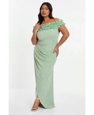 Quiz Plus Ruffle Bardot Ruched Maxi Dress