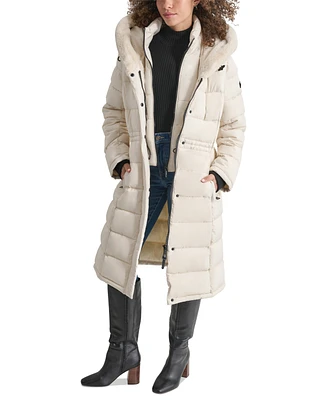 Dkny Women's Faux-Fur-Trim Hooded Bibbed Puffer Coat