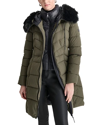 Dkny Women's Bibbed Faux-Fur-Trim Hooded Puffer Coat