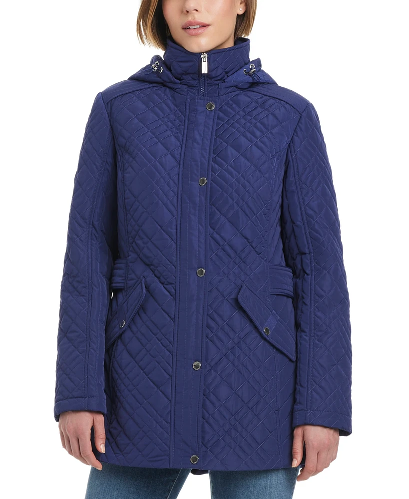 Jones New York Women's Hooded Stand-Collar Quilted Coat