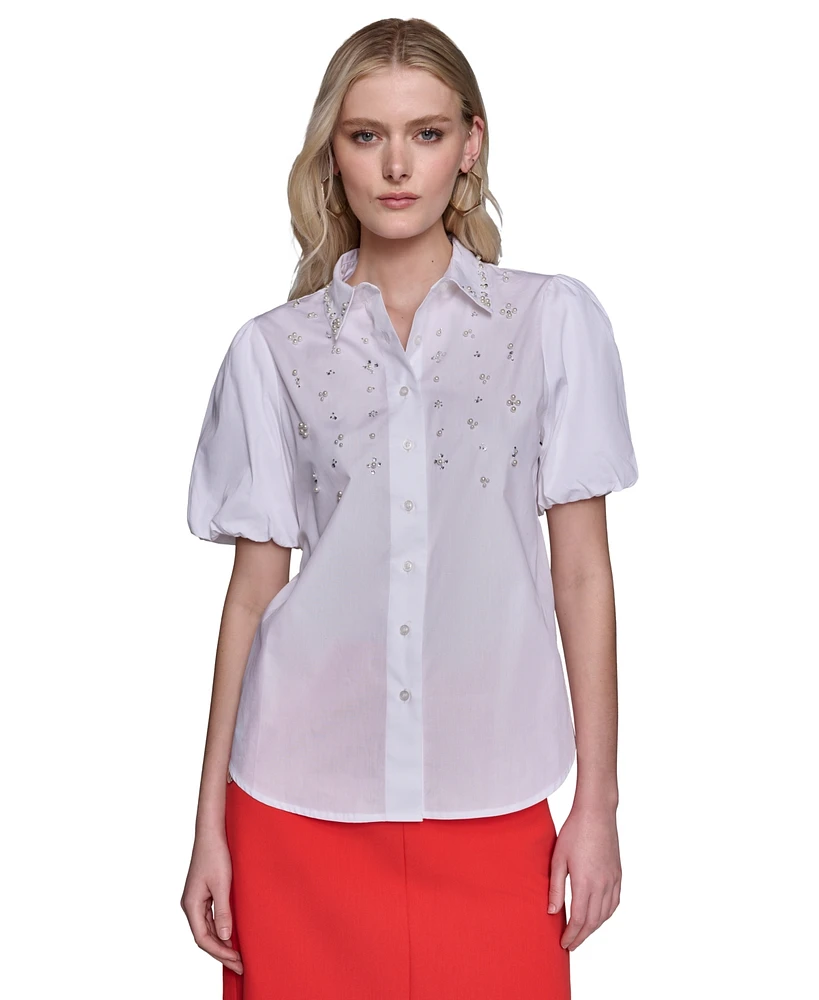 Karl Lagerfeld Women's Embellished Cotton Crinkle Top