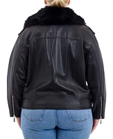 Michael Kors Plus Faux-Fur-Collar Leather Moto Coat