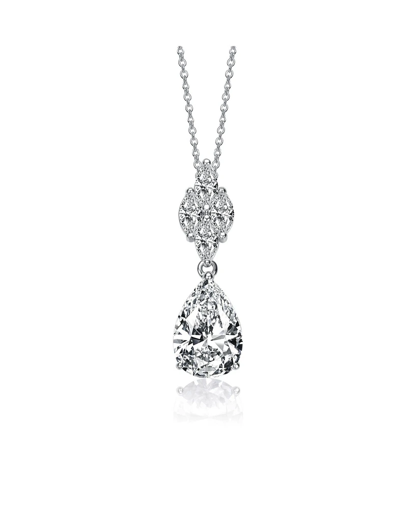 Genevive Sterling Silver with White Gold Plated Clear Pear with Marquise Cubic Zirconia Cluster Accent Drop Necklace