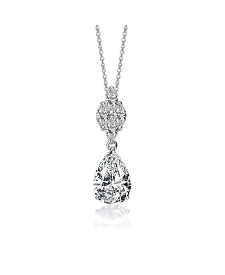 Genevive Sterling Silver with White Gold Plated Clear Pear with Marquise Cubic Zirconia Cluster Accent Drop Necklace