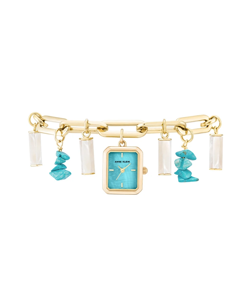 Anne Klein Women's Quartz Gold-Tone Alloy Turquoise Charm Bracelet Watch, 18mm