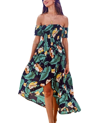 Cupshe Women's Tropical Off-Shoulder Smocked Bodice Asymmetrical Maxi Beach Dress