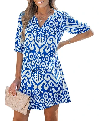 Cupshe Women's Royal Blue Tassel Tie Half-Sleeve Mini Beach Dress