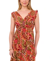 Msk Petite Printed V-Neck Ruffle-Trim Fit & Flare Dress