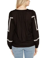 Belldini Black Label Embroidered Blouson Tie Neck Top