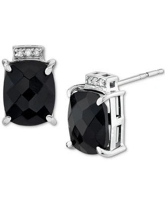 Onyx & Diamond Accent Cushion Stud Earrings in Sterling Silver