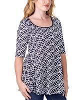 24seven Comfort Apparel Print Elbow Sleeve Casual Tunic Top