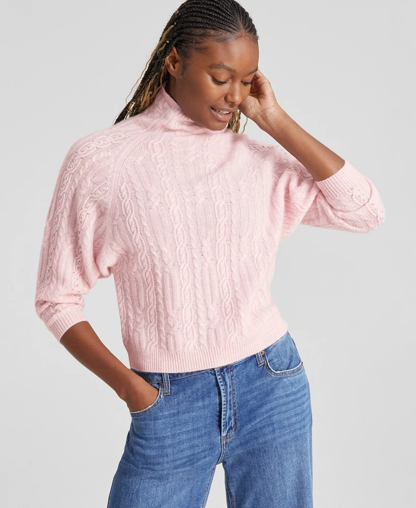 Charter Club Women's Cashmere Embellished Dolman-Sleeve Cable-Knit Sweater, Created for Macy's