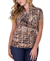 24seven Comfort Apparel Print Short Sleeve V Neck Wrap Top