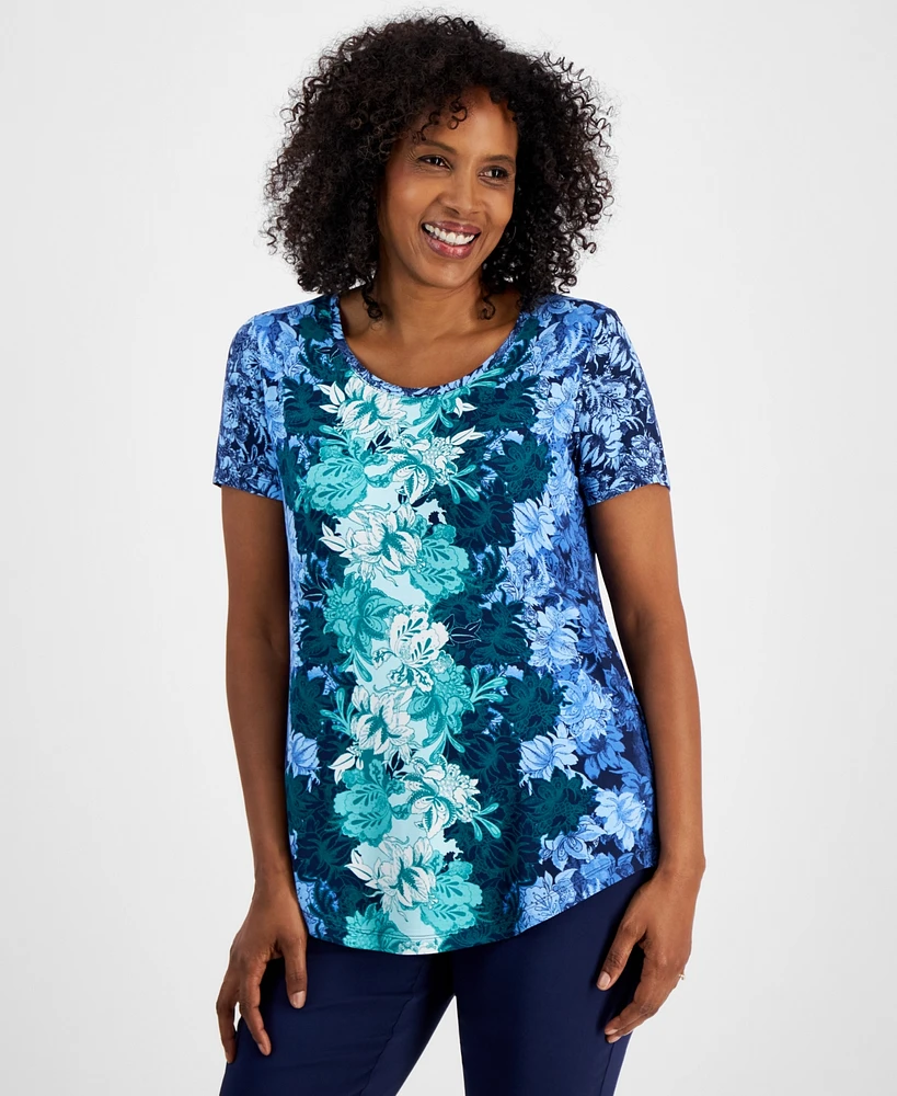 Jm Collection Women's Ombre Printed Short-Sleeve Scoop-Neck Top, Created for Macy's