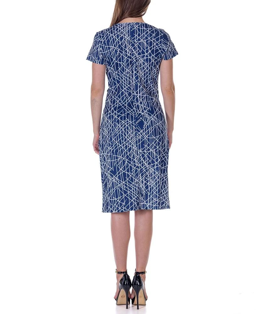 24seven Comfort Apparel Print Knee Length Short Sleeve Faux Wrap Dress