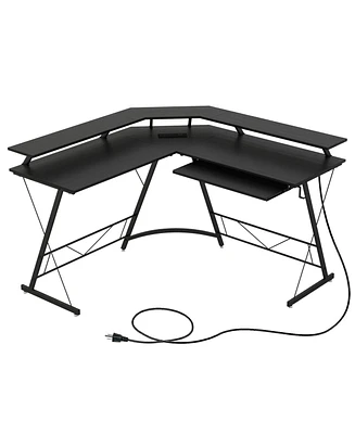 Slickblue L-shaped Computer Desk with Power Outlet and Monitor Stand