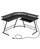 Slickblue L-shaped Computer Desk with Power Outlet and Monitor Stand