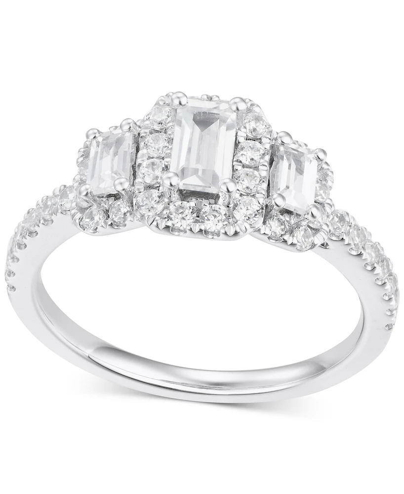 Diamond Emerald-Cut Halo Three Stone Ring (1 ct. t.w.) in 14k White Gold