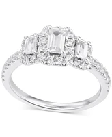 Diamond Emerald-Cut Halo Three Stone Ring (1 ct. t.w.) in 14k White Gold