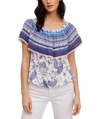 Fever Printed On/Off Shoulder Blousson Top