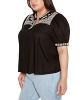 Belldini Black Label Plus Embroidered Boho Short Sleeve Top