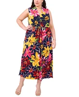 Msk Plus Size Printed V-Neck Tie-Waist Sleeveless Dress