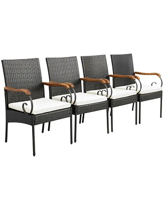 Sugift Set of 4 Outdoor Pe Wicker Chairs with Acacia Wood Armrests