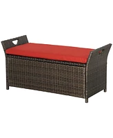 Outsunny 27 Gallon Pe Rattan Wicker Storage Bench, Large Outdoor Patio Box, Red