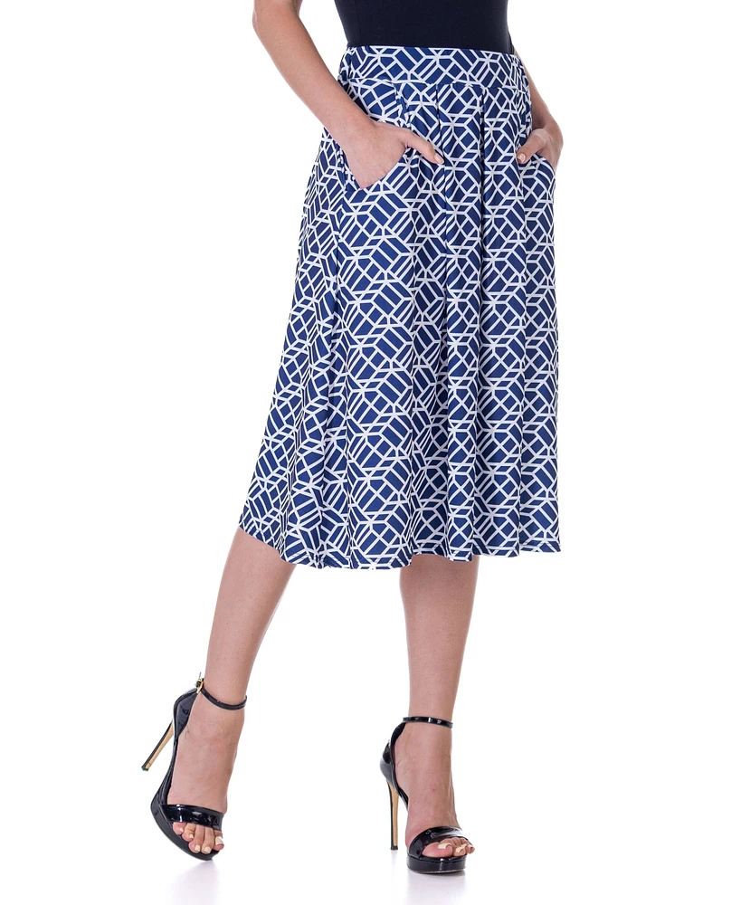 24seven Comfort Apparel Navy Print Elastic Waist Pleated Knee Length Pocket Skirt