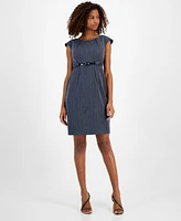 Connected Petite Pinstripe Belted Sleeveless Scuba Sheath Dress