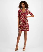 Connected Petite Printed Surplice-Neck Sheath Dress