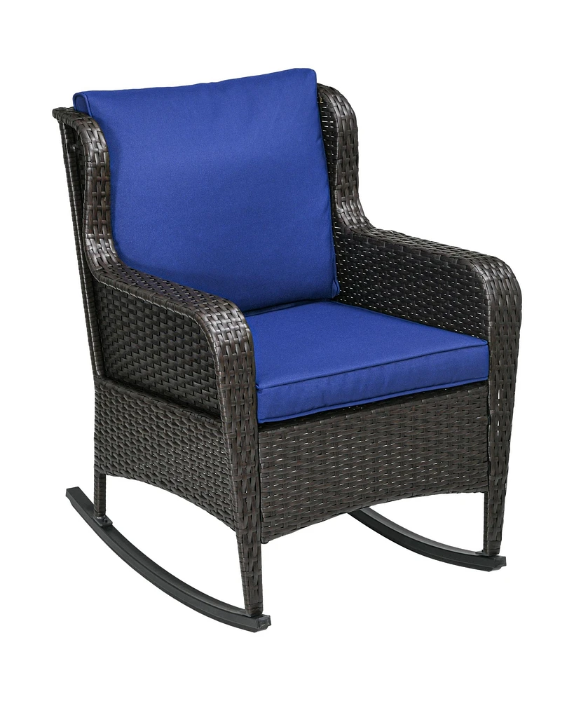 Outsunny Outdoor Wicker Rocking Chair with Wide Seat, Thick Cushions, Rattan Rocker with Steel Frame, High Weight Capacity for Patio, Garden, Backyard