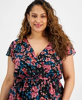 City Studios Plus Size Floral Print Flutter-Sleeve Faux-Wrap Midi Dress