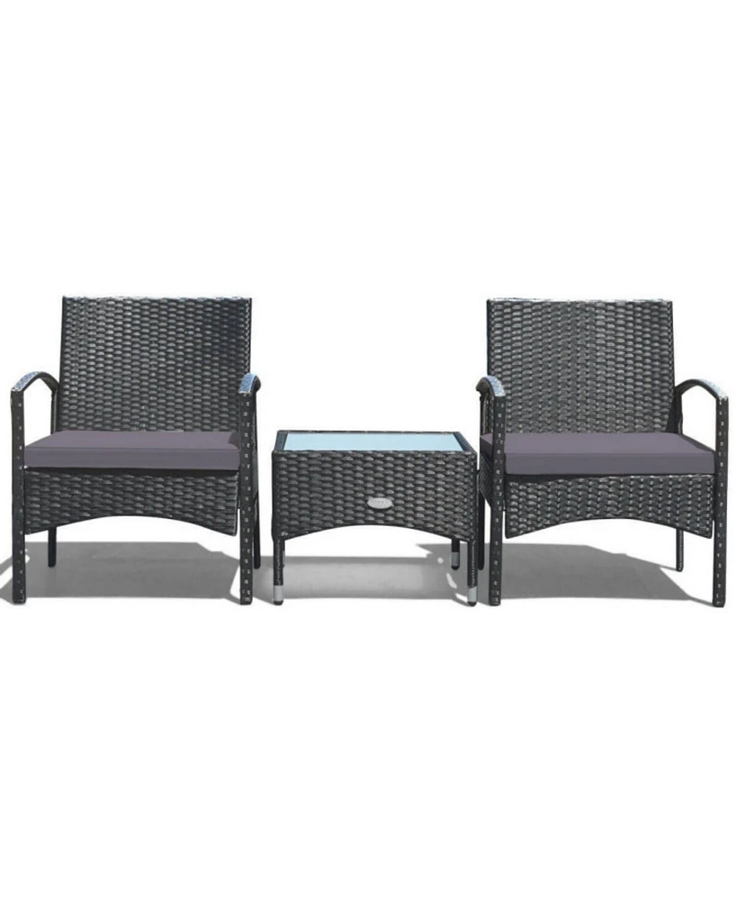 Sugift 3 Pieces Patio Wicker Rattan Furniture Set with Cushion for Lawn Backyard