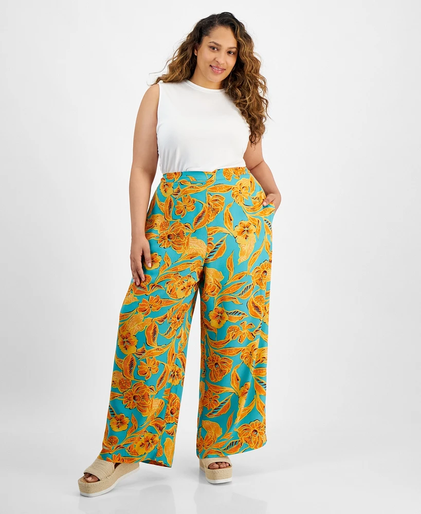 Bar Iii Trendy Plus Floral Flat-Front Wide-Leg Pants, Created for Macy's